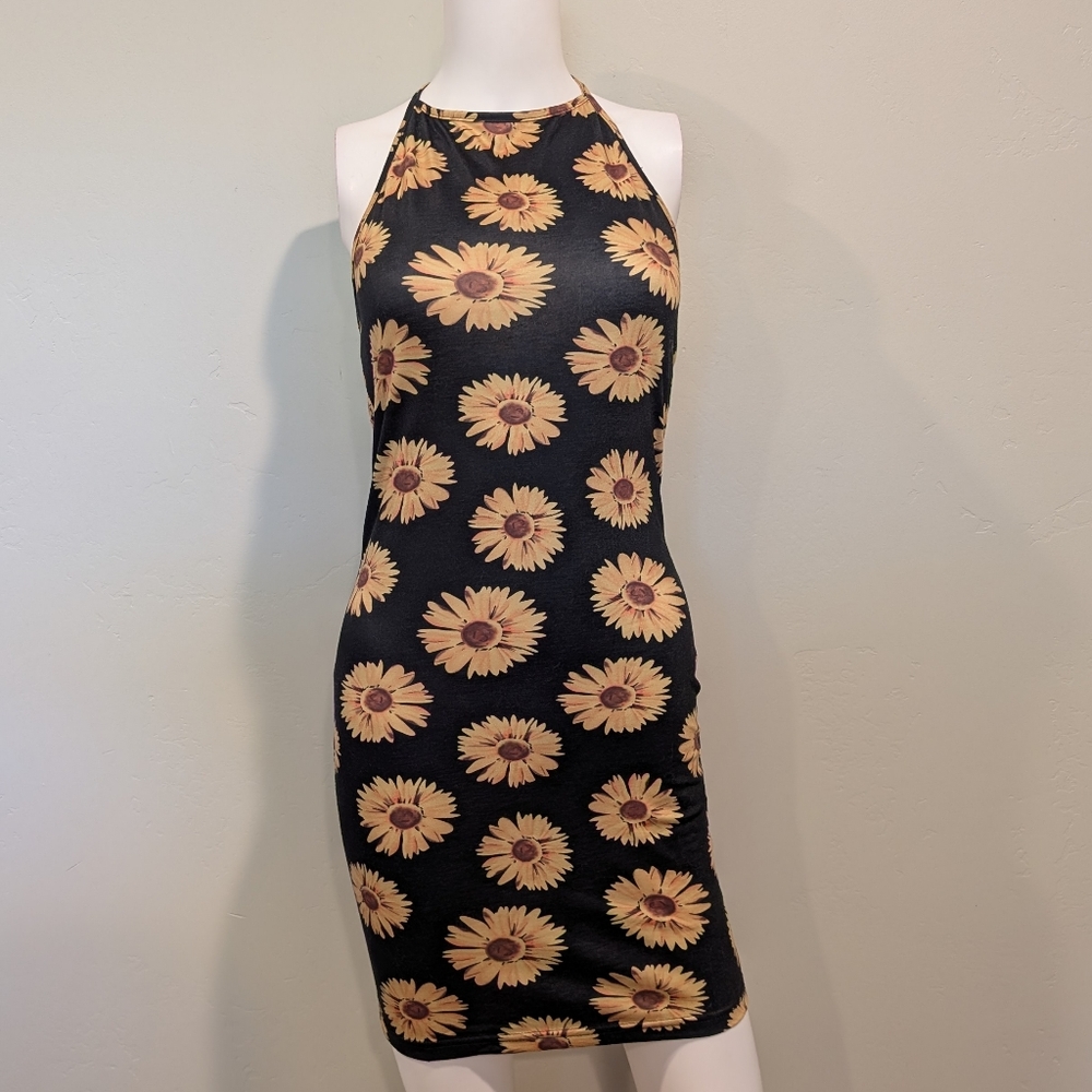 SHEIN Black And Yellow Daisies Bodycon Halter Open Back Mini Dress Size Small